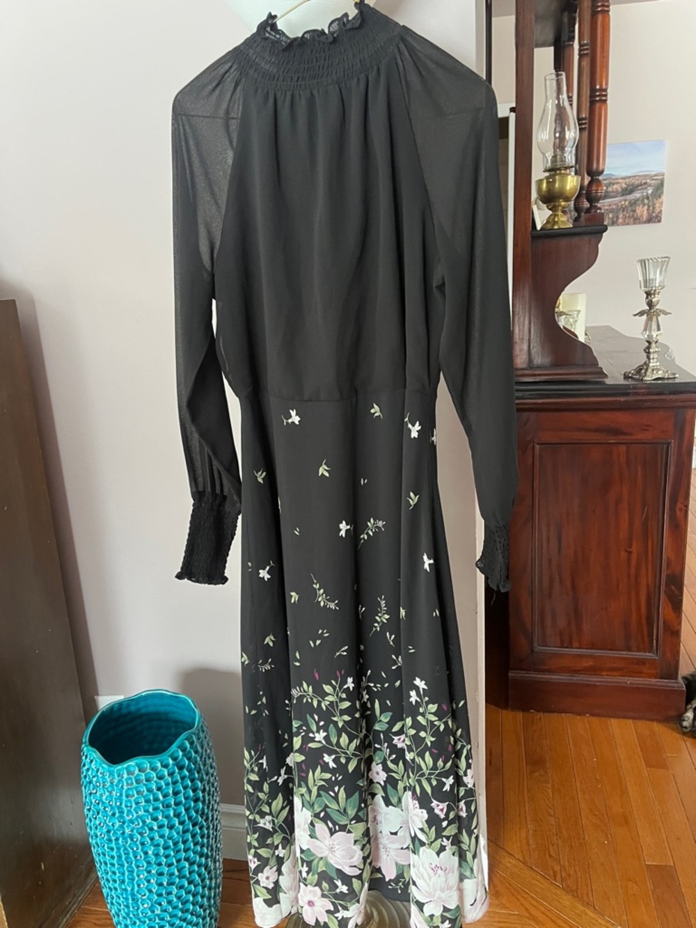 Suzy Shier Black Maxi Dress with Floral Hem